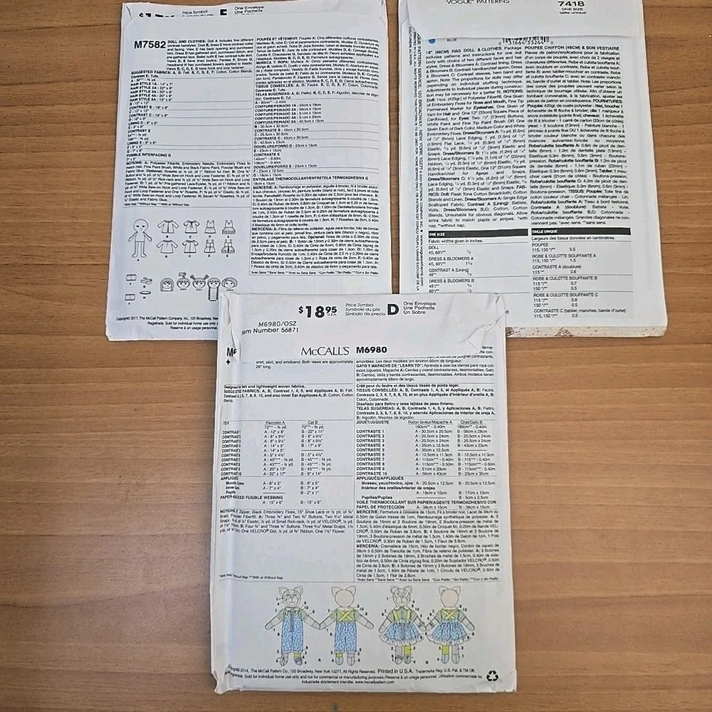 VOGUE Doll‎ Collection & McCalls Crafts Doll & Plush Sewing Patterns Bundle of 3